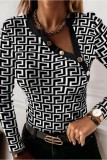 Black Casual Print Patchwork Oblique Collar Tops