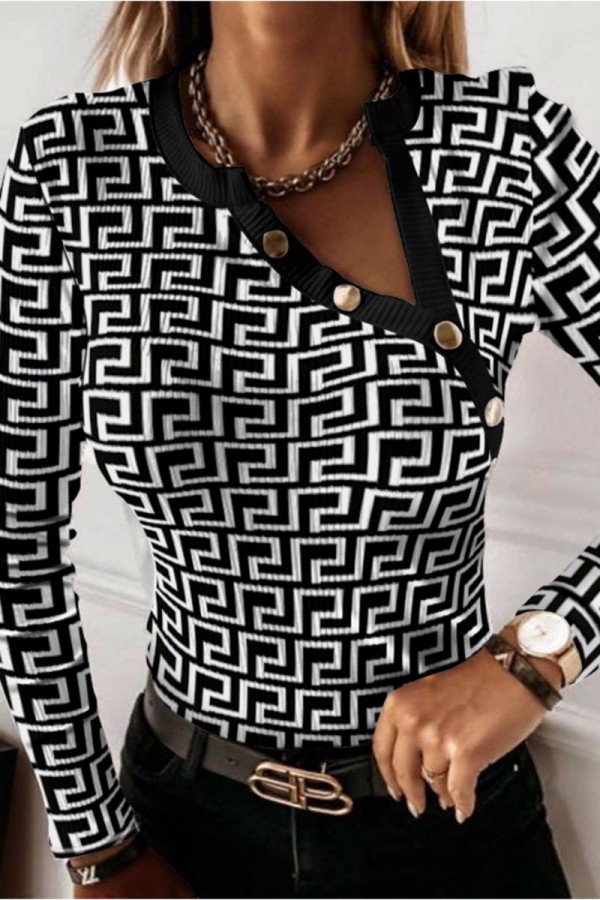 Black Casual Print Patchwork Oblique Collar Tops