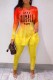 Yellow Casual Print Slit O Neck Long Sleeve Two Pieces
