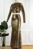 Green Sexy Solid Sequins Patchwork O Neck Long Sleeve Two Pieces