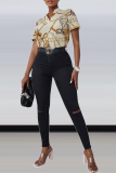Yellow Street Print Patchwork V Neck Tops