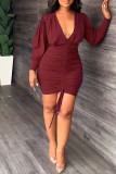 Red Casual Elegant Solid Patchwork Draw String Fold V Neck Pencil Skirt Dresses