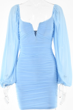 Sky Blue Casual Solid Mesh V Neck Pencil Skirt Dresses