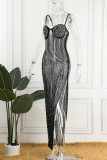 Black Sexy Solid Patchwork See-through Slit Hot Drill Spaghetti Strap Sling Dress Dresses