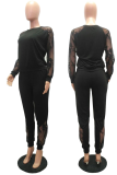 Black Casual Print Lace O Neck Long Sleeve Two Pieces