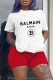 Red Casual Print Letter O Neck Short Sleeve Two Pieces
