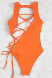 Red Sexy Solid Bandage Hollowed Out Patchwork Swimwears