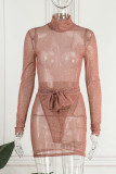 Khaki Sexy Patchwork See-through Turtleneck Long Sleeve Two Pieces