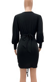 Red Casual Elegant Solid Patchwork Draw String Fold V Neck Pencil Skirt Dresses