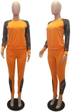 Orange Casual Print Lace O Neck Long Sleeve Two Pieces