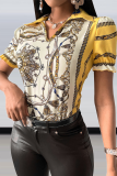 Yellow Street Print Patchwork V Neck Tops