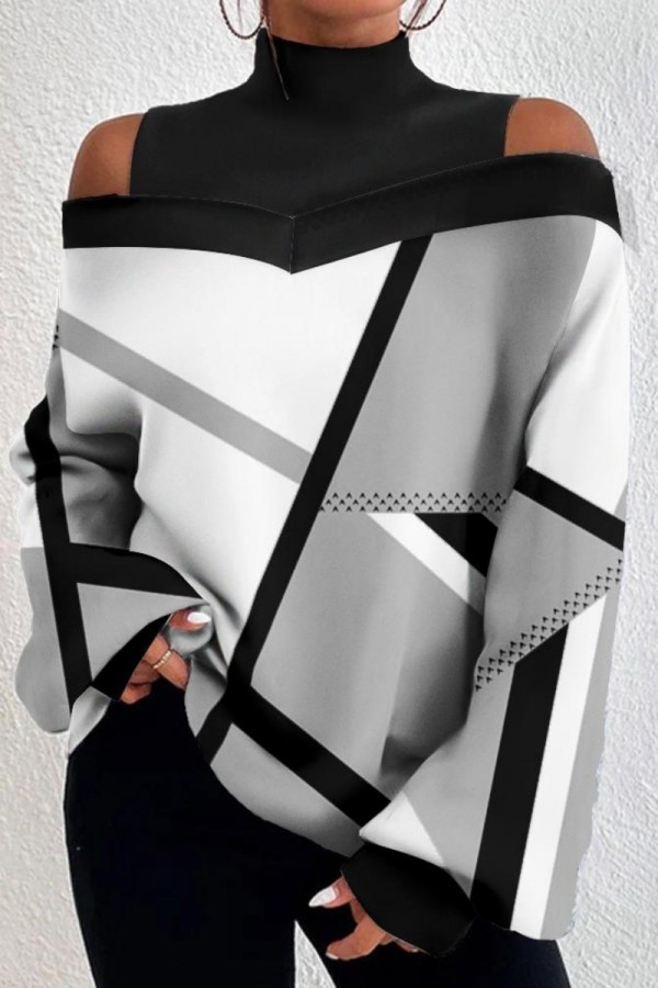 Black Casual Print Hollowed Out Patchwork Turtleneck Tops