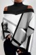 Black Casual Print Hollowed Out Patchwork Turtleneck Tops