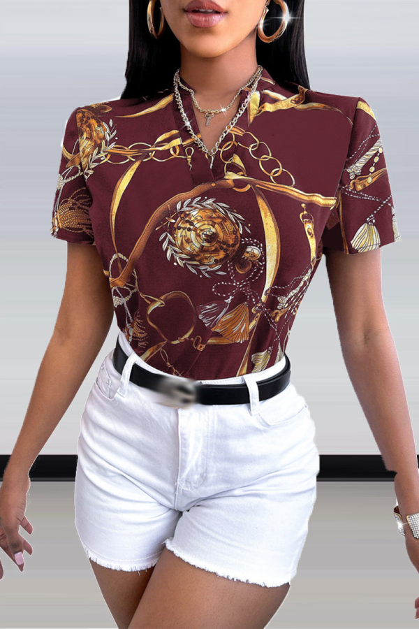 Burgundy Street Print Patchwork V Neck Tops