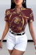 Burgundy Street Print Patchwork V Neck Tops