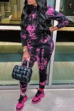 Black Casual Print Tie-dye Hooded Collar Long Sleeve Two Pieces