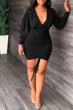 Red Casual Elegant Solid Patchwork Draw String Fold V Neck Pencil Skirt Dresses