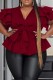 Burgundy Casual Solid Patchwork V Neck Plus Size Tops