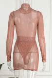 Khaki Sexy Patchwork See-through Turtleneck Long Sleeve Two Pieces