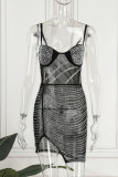 Black Sexy Solid Patchwork See-through Hot Drill Spaghetti Strap Pencil Skirt Dresses