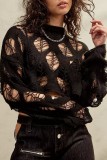 Black Sexy Casual Solid Ripped Hollowed Out See-through O Neck Tops