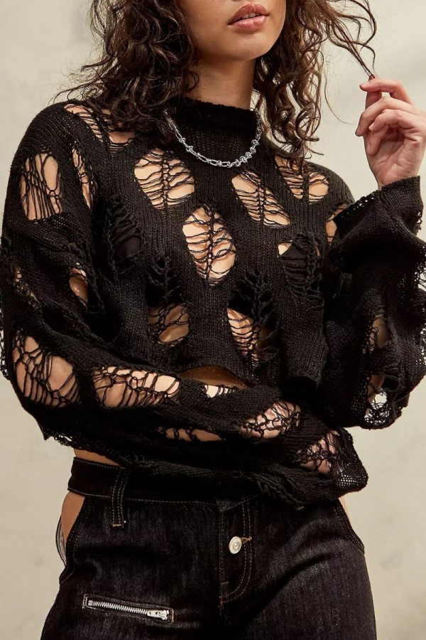 Black Sexy Casual Solid Ripped Hollowed Out See-through O Neck Tops
