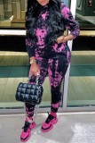 Black Casual Print Tie-dye Hooded Collar Long Sleeve Two Pieces