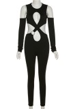 Black Sexy Solid Hollowed Out O Neck Regular Jumpsuits