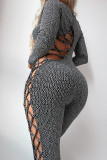 Grey Sexy Solid Bandage Hollowed Out Patchwork O Neck Skinny Jumpsuits