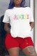 Red Casual Print Letter O Neck Short Sleeve Two Pieces