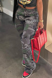 Green Casual Print Camouflage Print Patchwork High Waist Straight Patchwork Bottoms