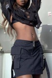 Black Sexy Casual Solid Ripped Hollowed Out See-through O Neck Tops