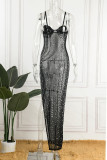 Black Sexy Solid Patchwork See-through Slit Hot Drill Spaghetti Strap Sling Dress Dresses
