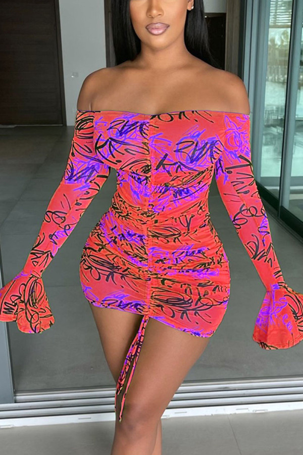 Red Sexy Print Patchwork Fold Off the Shoulder Pencil Skirt Dresses