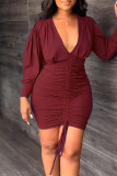 Red Casual Elegant Solid Patchwork Draw String Fold V Neck Pencil Skirt Dresses
