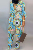 Sky Blue Casual Print Patchwork Buckle With Belt Straight Jumpsuits