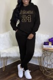 Black Casual Print Basic Hooded Collar Long Sleeve Two Pieces