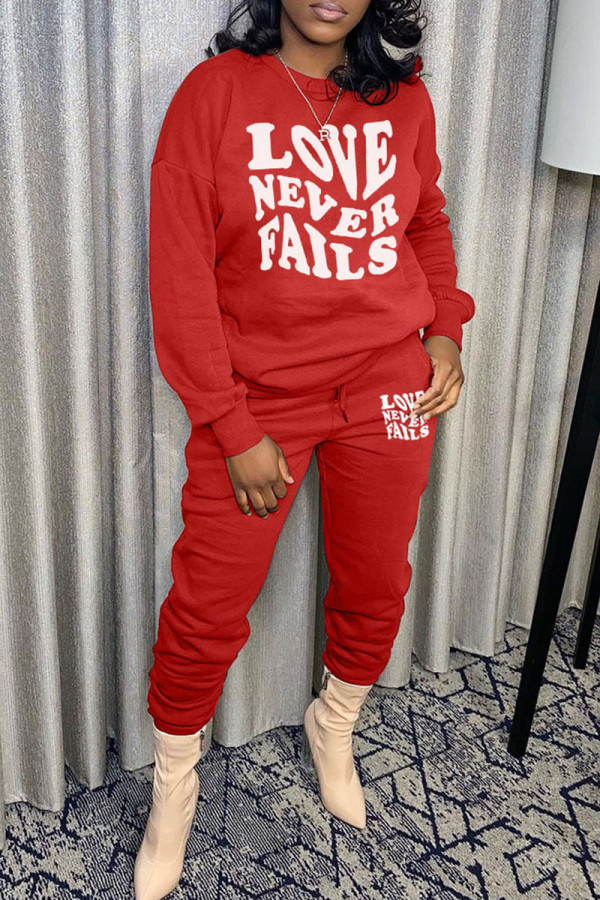 Red Casual Print Patchwork O Neck Long Sleeve Two Pieces