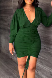 Red Casual Elegant Solid Patchwork Draw String Fold V Neck Pencil Skirt Dresses