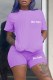 Purple Casual Print Letter O Neck Short Sleeve Two Pieces
