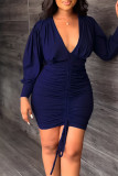 Red Casual Elegant Solid Patchwork Draw String Fold V Neck Pencil Skirt Dresses