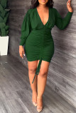 Red Casual Elegant Solid Patchwork Draw String Fold V Neck Pencil Skirt Dresses