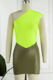 Green Sexy Solid Patchwork Oblique Collar Pencil Skirt Dresses