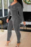 Grey Sexy Solid Bandage Hollowed Out Patchwork O Neck Skinny Jumpsuits