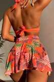 Tangerine Red Sexy Print Bandage Patchwork 3 Piece Sets