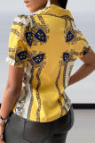 Yellow Street Print Patchwork V Neck Tops