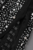 Black Sexy Solid Patchwork See-through Slit Hot Drill Spaghetti Strap Sling Dress Dresses