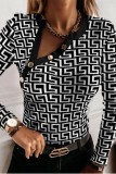 Black Casual Print Patchwork Oblique Collar Tops