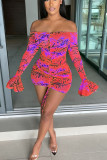 Red Sexy Print Patchwork Fold Off the Shoulder Pencil Skirt Dresses