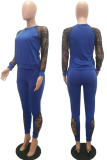 Blue Casual Print Lace O Neck Long Sleeve Two Pieces